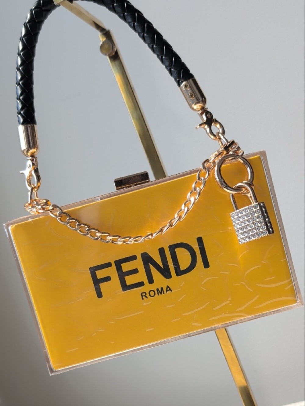 Upcycled Yellow Acrylic Box Bag with Black Braided Handle and Gold Chain - Picture 3 of 7